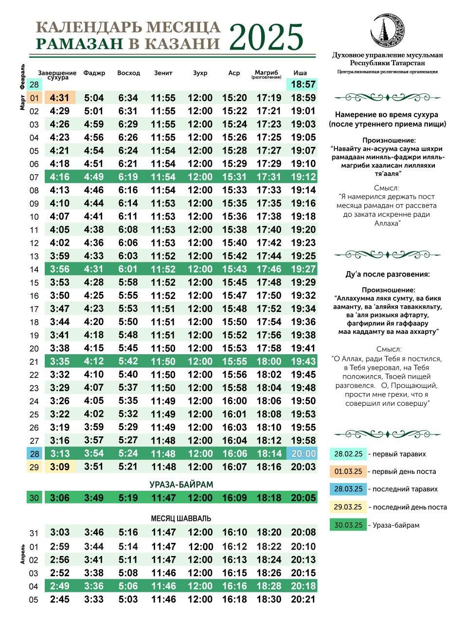 ДУМ РТ опубликовало расписание поста в месяц Рамадан 2025 года