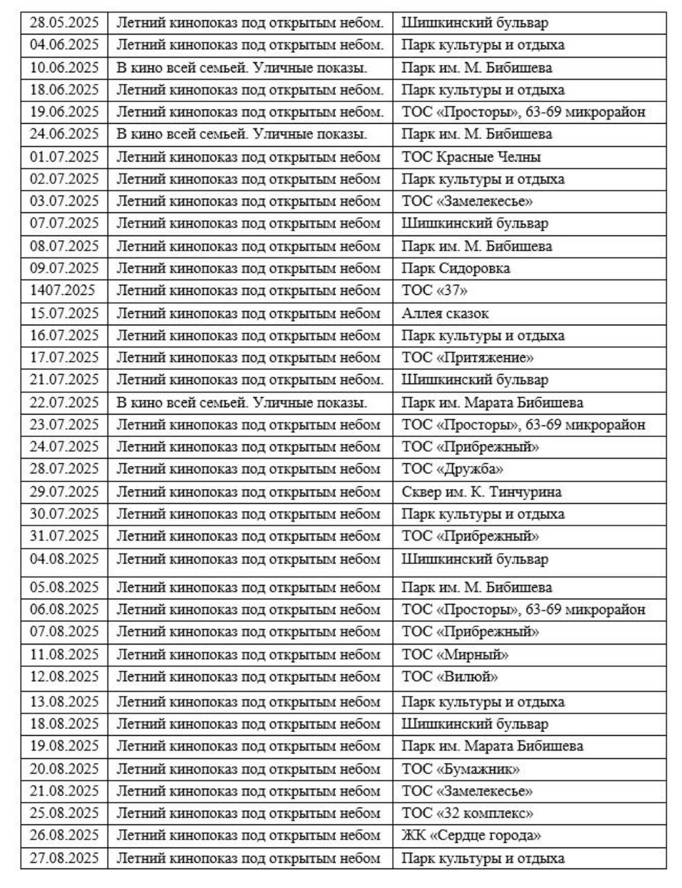 Летний кинотеатр под открытым небом: обновлённое расписание в Челнах
