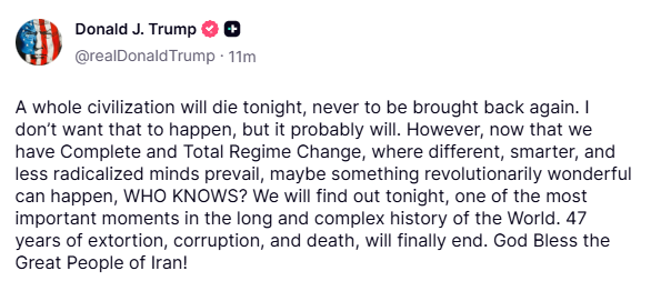 Трамп угрожает Ирану: «Цивилизация может исчезнуть этой ночью»